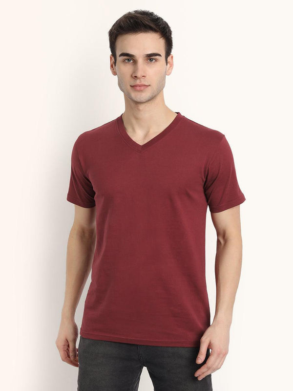 V Neck SHORT SLEEVE T SHIRT - Maroon - YK Clothing