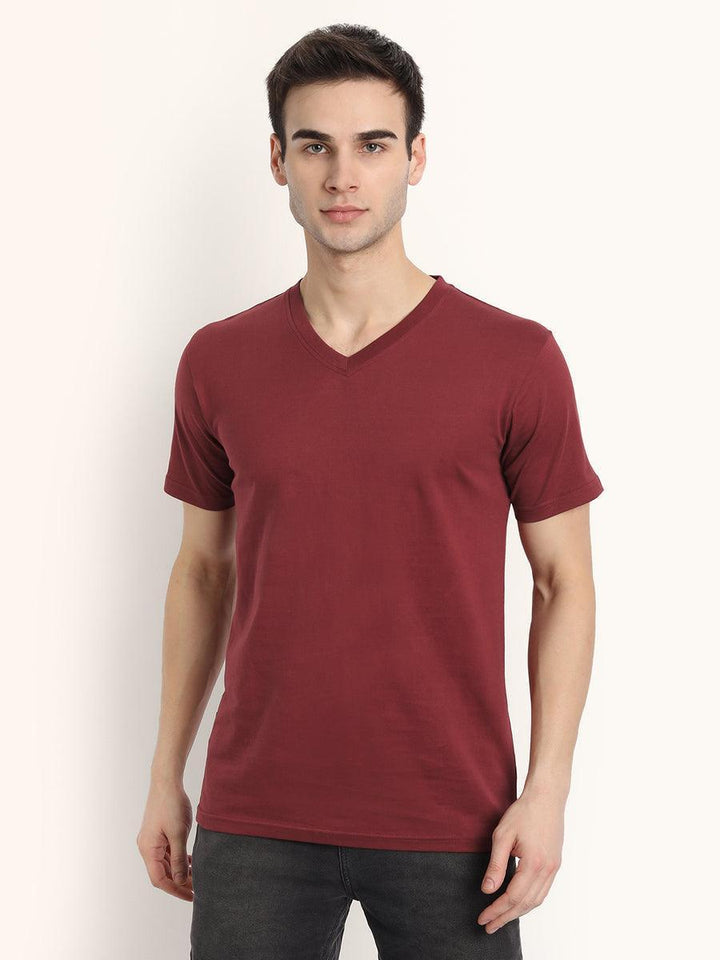 V Neck SHORT SLEEVE T SHIRT - Maroon - YK Clothing