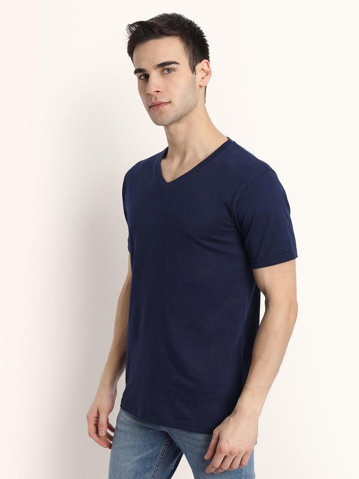 V Neck SHORT SLEEVE T SHIRT - Navy Blue - YK Clothing