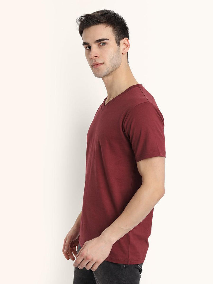 V Neck SHORT SLEEVE T SHIRT - Maroon - YK Clothing