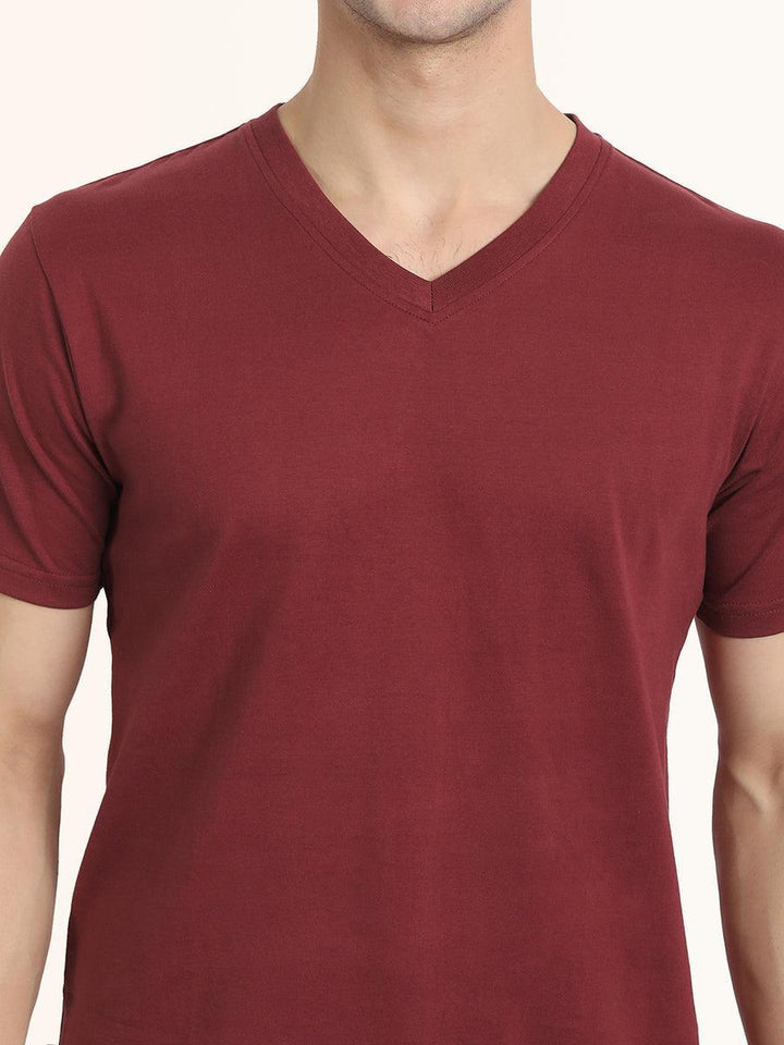 V Neck SHORT SLEEVE T SHIRT - Maroon - YK Clothing